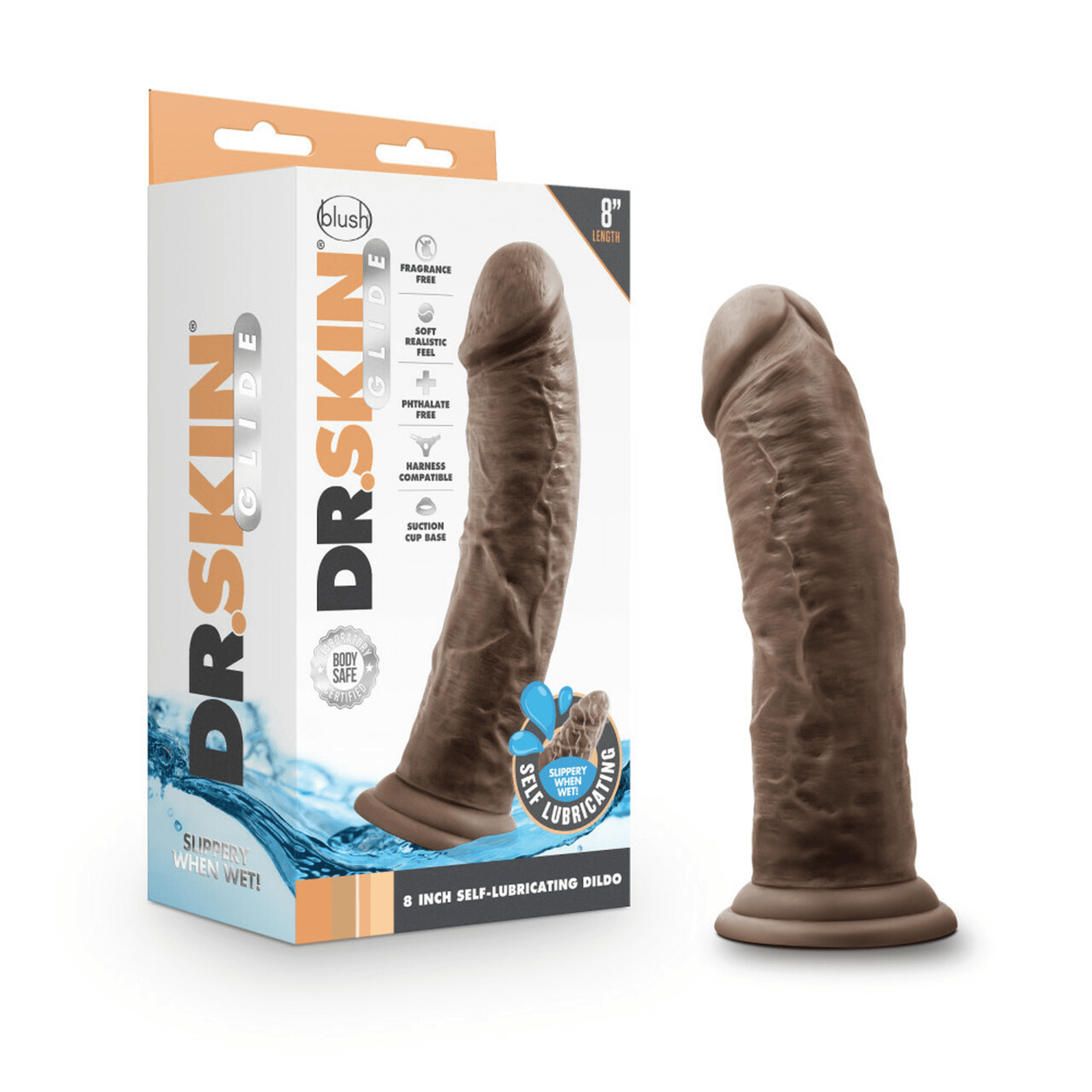 DR SKIN GLIDE 8IN SELF LUBRICATING DILDO CHOCOLATE