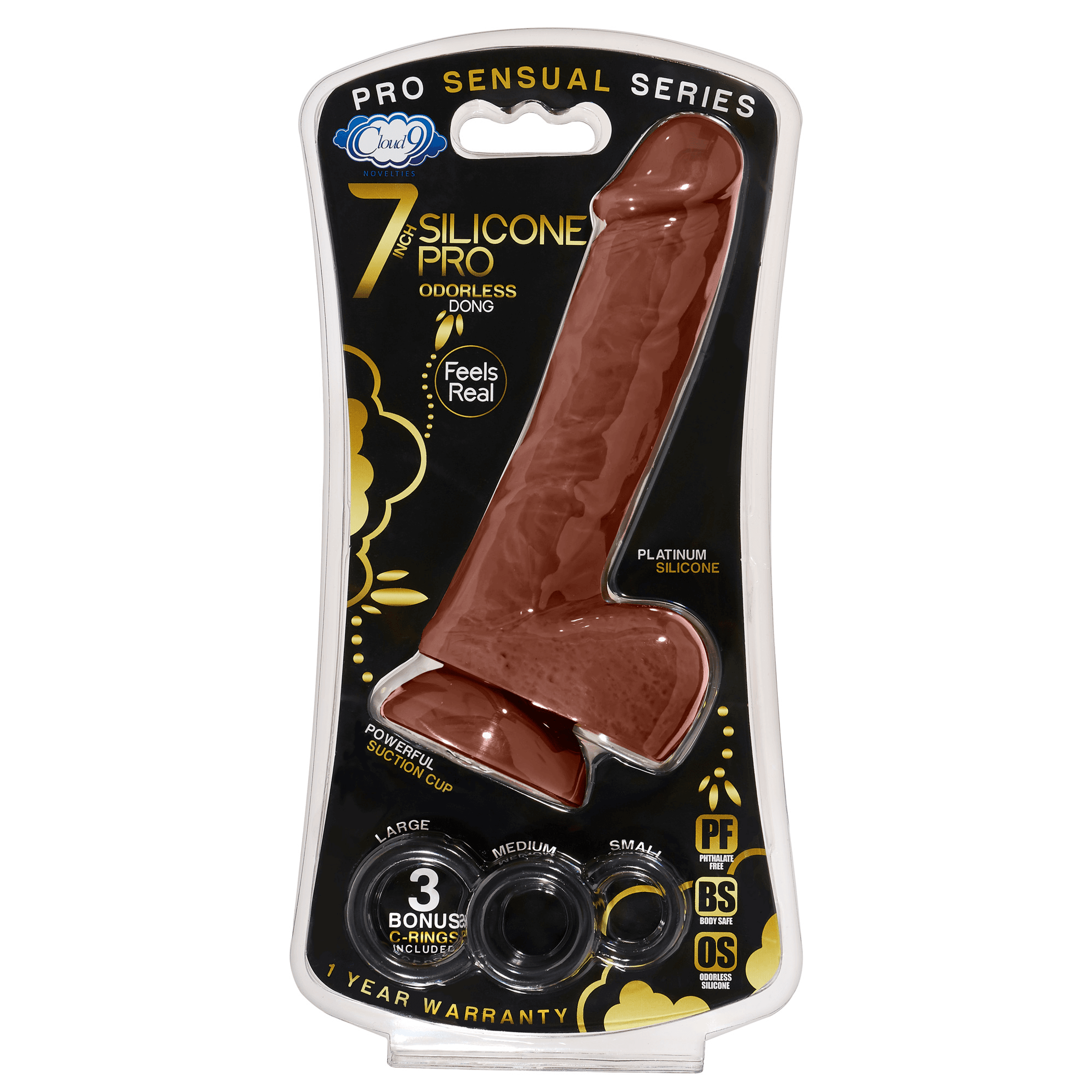 PRO SENSUAL PREMIUM SILICONE DONG W/ 3 C RINGS BROWN 7 "